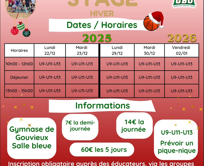 Stage U9 U11 et U13- Vacances de Noël